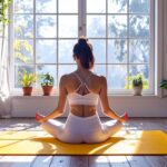 Eine Frau in heller Kleidung sitzt am Boden auf einer gelben Yogamatte im kreuzbeinigen Sitz und meditiert. Man sieht sie von hinten im Zentrum des Bildes. Die Wände vom Raum sind weiß und es scheint helles Sonnenlicht hinein. Es stehen Pflanzen auf den Fensterbrettern, am Boden und an der Wand. Die Stimmung wirkt ruhig und entspannt. Copyright: Markus Seider
