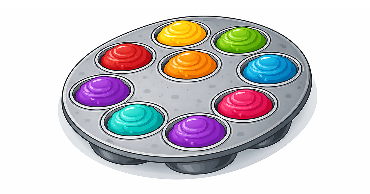 Rundes graues Backbleich für Muffins, gefüllt mit gelben, grünen, blauen, und roten Muffins. copyright Martina Nettekoven