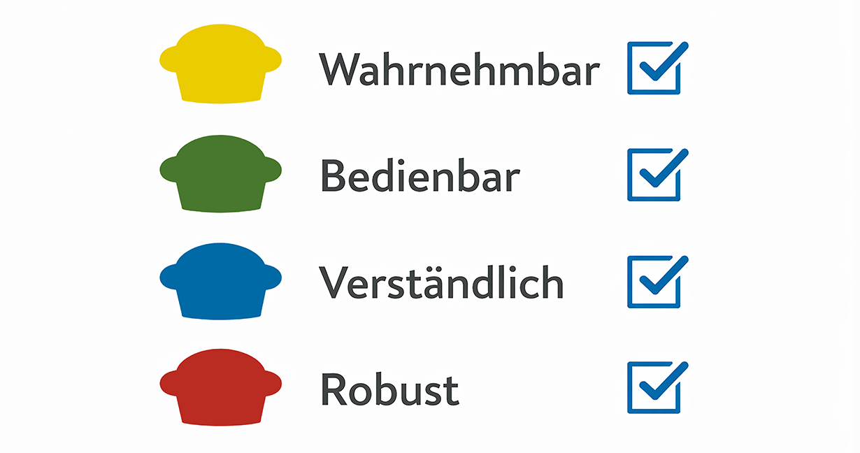 Checkliste mit Muffins als Aufzählungspunkte für Wahrnehmbar, Bedienbar, Verständlich und Robust, mit jeweils einem blauen Haken rechts davon, © Martina Nettekoven