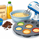 Backzutaten links von einer halbgefüllter Rührschüssel und Handmixer, rechts ein zum Teil gefülltes rundes graues Backbleich für Muffins, © Martina Nettekoven