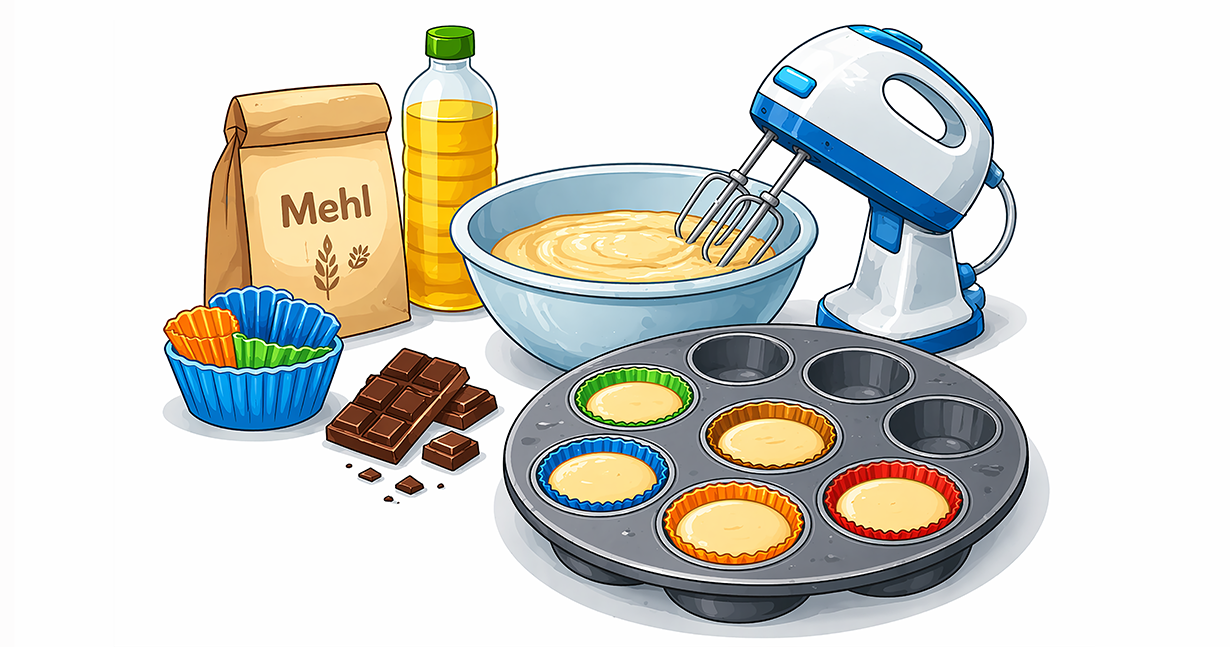 Backzutaten links von einer halbgefüllter Rührschüssel und Handmixer, rechts ein zum Teil gefülltes rundes graues Backbleich für Muffins, © Martina Nettekoven
