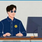 Blinder Mann mit dunkler Brille vor Tastatur und Monitor, Zeichnung mit KI generiert