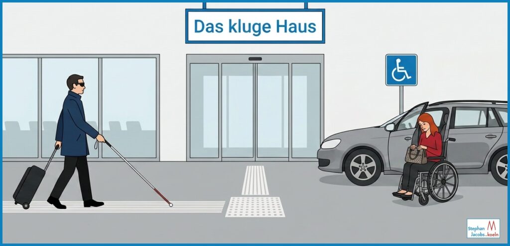 Eingang Tagungshaus, mit blindem Mann von links auf Leitstreifen und rechts Rolltuhlfahrerin vor ihrem Auto, Zeichnung KI-generiert