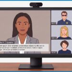 Schwarzer Monitor mit Webcam auf Schreibtisch. Ansicht 1 Speaker und 3 Teilnehmer in Videokonferenz. Ein Teilnehmer ist Blind. Zeichnung KI generiert.