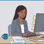 Junge Dozentin am PC mit Papieren, Büchern und blauer Kaffeetasse am Schreibtisch, Zeichnung KI-generiert