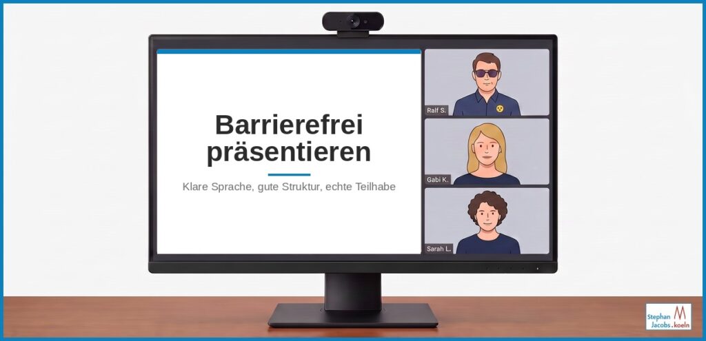 Schwarzer Monitor mit Webcam auf Schreibtisch. Ansicht 1 Speaker und 3 Teilnehmer in Videokonferenz. Ein Teilnehmer ist Blind. Zeichnung KI generiert.