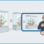 Eine rechte Hand hält ein Smartphone quer mit dem Bild aus einem DGS-Video-Guide in einem Museum mit Schiffsmodellen. Rechts im Vidobild ist ein DGS-Dolmetscher zu sehen. Zeichnung KI-generiert