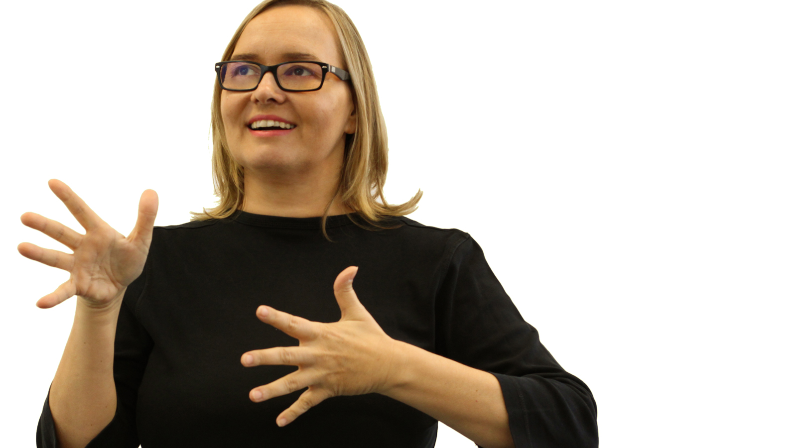 Halbporträt von Jana Schwager, die gebärdet