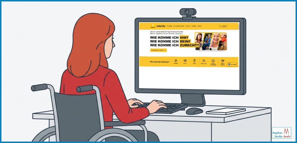 Lena R. sitzt im Rollstuhl am Schreibtisch. Blick an ihr vorbei auf den Monitor mit der Website von InkluCity. Zeichnung KI-generiert